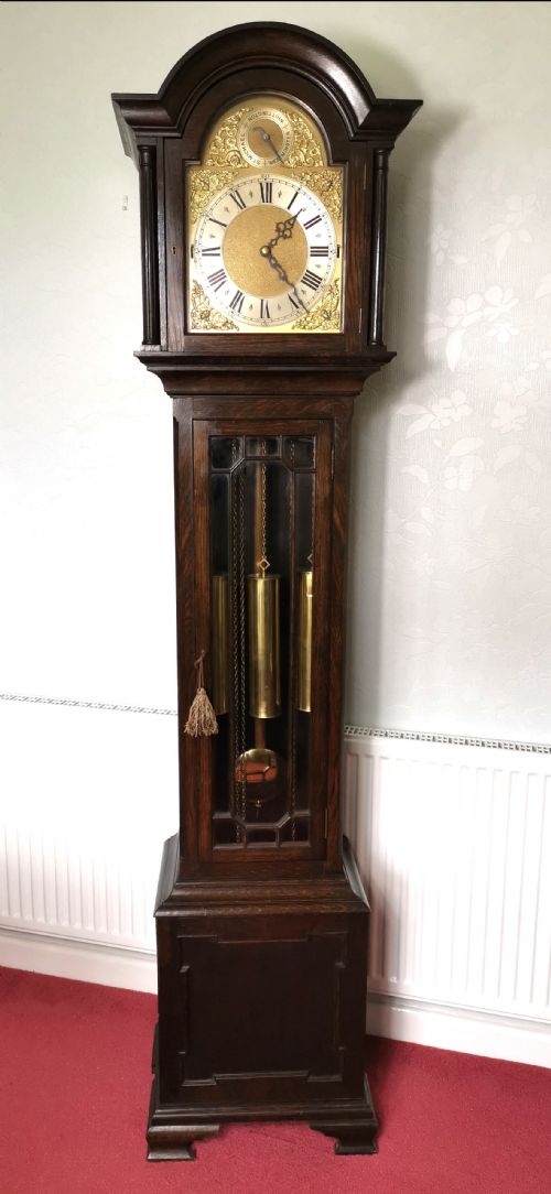 Early 20th C. Oak Triple Weight Triple Quarter Chiming & Hour Strike 8 Day Musical Grandfather Longcase Clock with Astragal Glazed Door