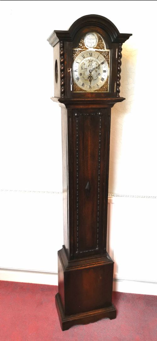 Sweet Sounding English Early 20th C. Oak Petit Grandfather or Grandmother Longcase Clock Striking the hours & Playing Musical Chimes on Each Quarter.
