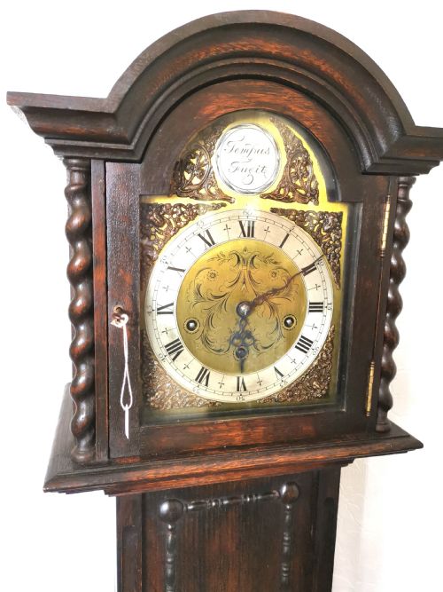 fig 1. Sweet Sounding English Early 20th C. Oak Petit Grandfather or Grandmother Longcase Clock Striking the Hours & Playing Musical Chimes on Each Quarter. 