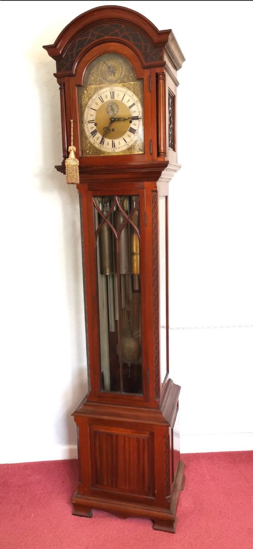 Early 20th C. 3 Tune Tubular Bells Musical Quarter Chiming Mahogany Grandfather Longcase Clock