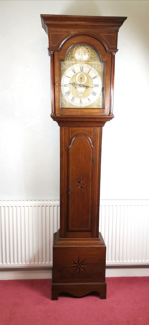 fig 1. Mid 18th C. 5 Pillar 8 Day Bell Striking English Georgian Grandfather Longcase Clock with Star Inlay. Robt Jackson of Gainsborough Long Case Clock