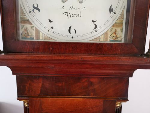 fig 1. Early 19th C. Georgian Mahogany 8 Day Bell Striking English Grandfather Longcase Clock with Painted Dial. John Hancock of Yeovil Somerset. Noted by Brian Loomes. 