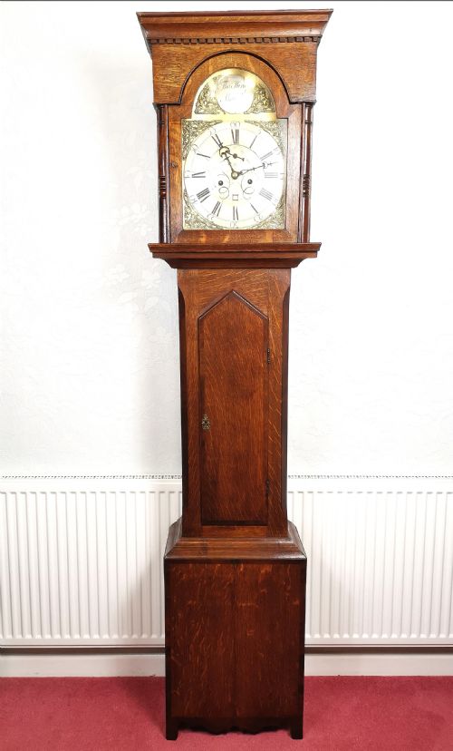 English 18th C. Georgian Oak Grandfather Longcase Clock by Thomas King of Alnwick with Brass Dial and Silvered Chapter Ring.