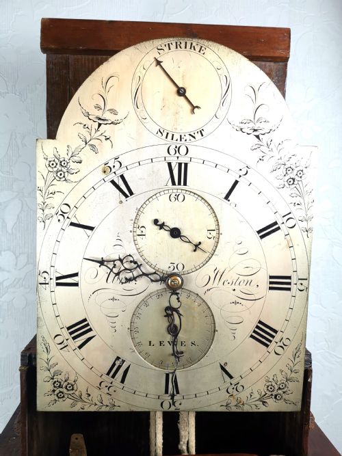 fig 3. Rare Solid Mahogany Cased 18th C. Georgian Grandfather Longcase Clock by Longstanding English Clockmaking Weston/Gilmore Family of Lewis/Brighton/Hastings.