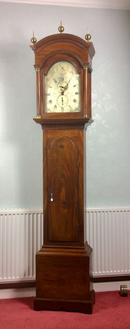 fig 1. Rare Solid Mahogany Cased 18th C. Georgian Grandfather Longcase Clock by Longstanding English Clockmaking Weston/Gilmore Family of Lewis/Brighton/Hastings.