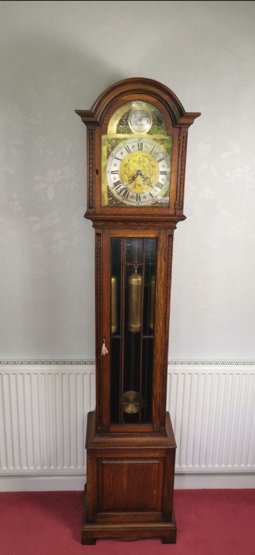 Charming English 1920'S Westminster Quarter Chiming Triple Weight Oak Grandmother or Grandfather Longcase Clock