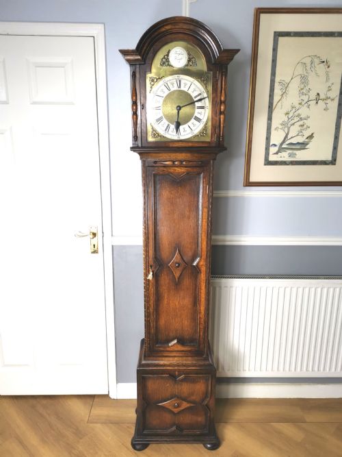 Mellow Sounding 1920s Triple Weight Westminster Quarter Chiming Musical Grandmother or Grandfather Oak Longcase Clock