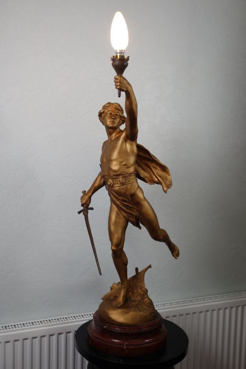 Figural Statue of "Victory" - Bronzed/gilt Large Spelter & Brass Lamp on Variegated Red Marble Base- Circa 1900 - 36in Tall