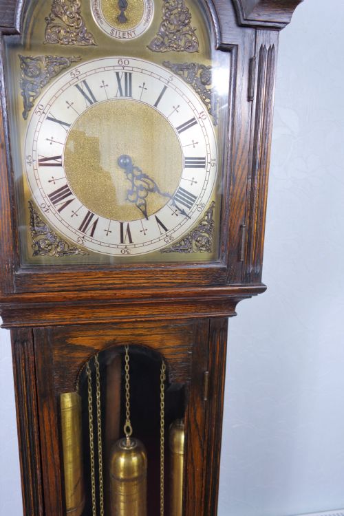 fig 1. Good Quality Mellow Sounding Glass Fronted Triple Weight 1920s Westminster Chiming Musical Quarter Chiming & Hour Rod Striking Grandfather or Grandmother Longcase Clock with Chime/Silent Dial by Winterhalder