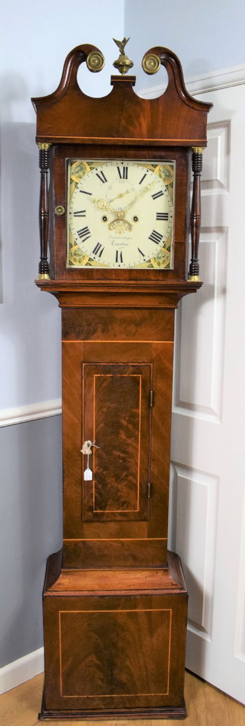 Small Early 19th Century Flame Mahogany with Satinwood Inlay 8 Day Bell Striking Grandfather Longcase Clock by Summerhayes of Taunton