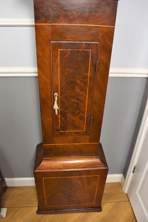 fig 1. Small Early 19th Century Flame Mahogany with Satinwood Inlay 8 Day Bell Striking Grandfather Longcase Clock by Summerhayes of Taunton