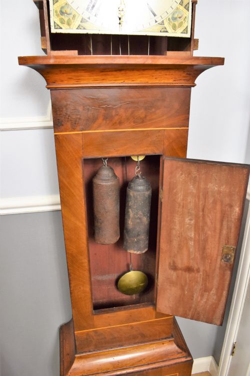 fig 2. Small Early 19th Century Flame Mahogany with Satinwood Inlay 8 Day Bell Striking Grandfather Longcase Clock by Summerhayes of Taunton