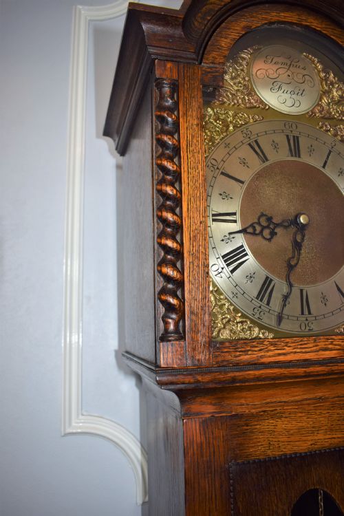 fig 1. Charming 1920s Triple Weight Westminster Chiming Musical Grandfather or Grandmother Oak Longcase Clock with Barley Twist Hood Columns & Glass Door