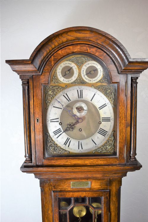 fig 1. Regulator Quality Solid Oak Astragal Glazed Triple Tune Triple Weight Grandfather or Grandmother Longcase Clock with Deadbeat Escapement & Maintaining Power