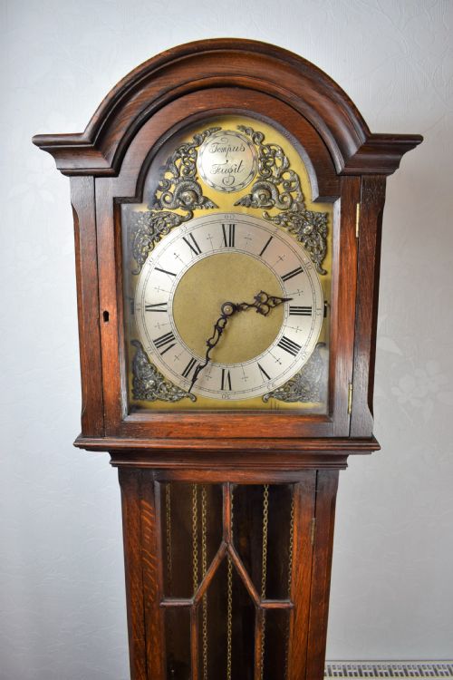 fig 1. Astragal Glazed Triple Weight Oak Grandmother or Grandfather Longcase Clock with Good Quality Embee 8 Day Movement Playing Mellow Westminster Musical Chimes on Each Quarter.