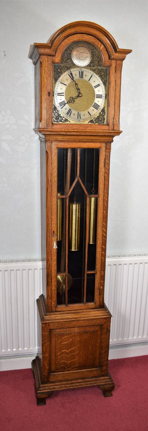 Light Oak Triple Weight Astragal Glazed Westminster Musical Quarter Mellow Chiming Grandmother or Small Grandfather Longcase Clock