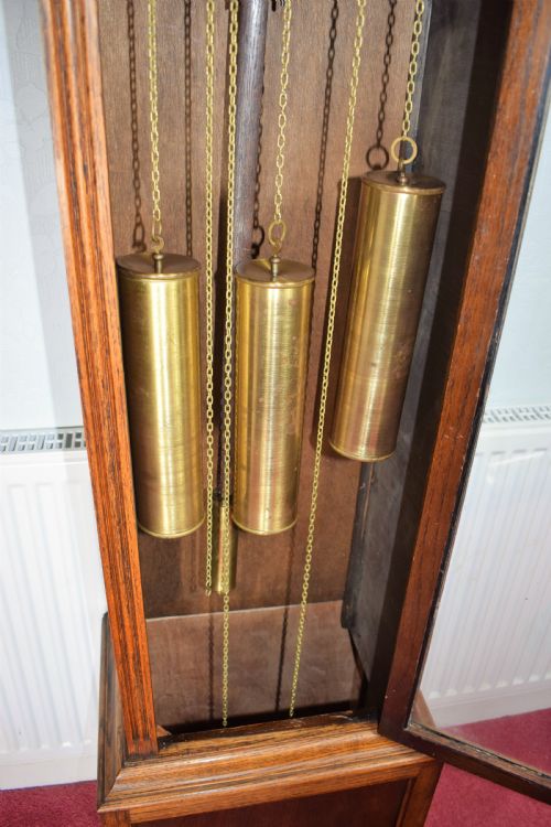 fig 1. Light Honey Coloured Oak Glass Fronted Grandfather or Grandmother with British 8 Day Triple Weight Quarter Chiming Westminster Musical Longcase Clock