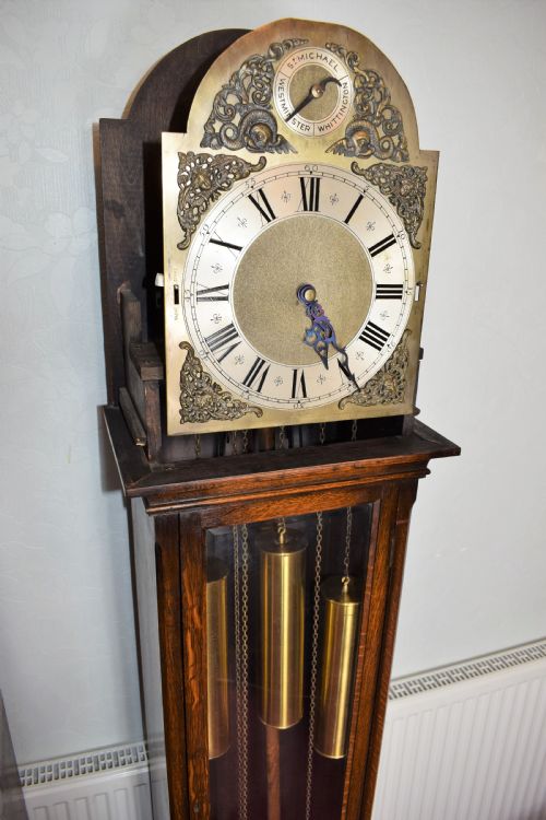 fig 1. Triple Weight - Triple Mellow Tunes on 8 + 4 Gongs - English Warm Mid Oak Grandmother (73.5in) or Grandfather Longcase Clock with Beveled Glazed Trunk Door & Good Quality German Peerless/Embee Movement