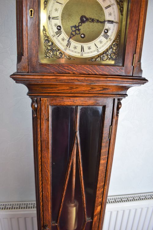 fig 1. Charming Dwarf (67.5in) Grandfather or Grandmother Oak Longcase Clock with Astragal Glazed Door. 3 Train 8 Day Movement with Twin Musical Chimes