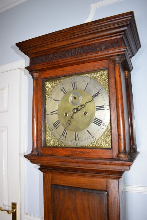 fig 1. Small (76in) 8 Day Bell Striking Oak Grandfather or Grandmother Longcase Clock Circa 1780 by John Higgs of Wallingford