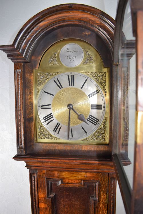 fig 1. Attractive Mellow Sounding Triple Weight Westminster Musical Chiming Oak Grandmother or Grandfather Longcase Clock (Please Listen to Video)