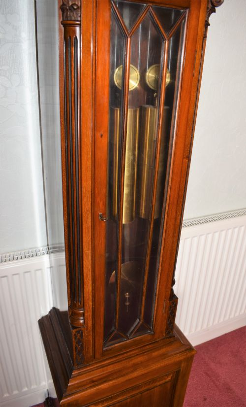 fig 1. Regulator Quality Fine Mahogany Astragal Glazed Grandmother or Grandfather Longcase Clock with Peerless Maintaining Power Cable Triple Weight Driven Triple Musical Tune 8 Day Movement