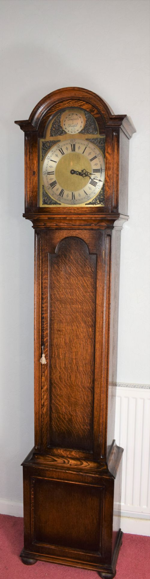 Deep Mellow Quarter Westminster Chiming Musical Triple Weight English Oak Grandmother or Grandfather Longcase Clock with Silent Lever