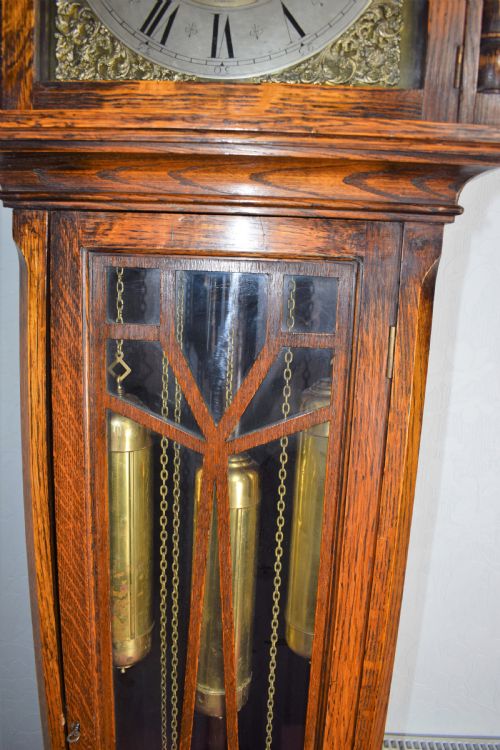 fig 1. Camerer Cuss Triple Weight Musical Chiming Grandmother or Grandfather Oak Longcase Clock with Glazed Trunk Door and Peerless Embee 8 Day Movement. (Video Available to hear Chimes on Request.)