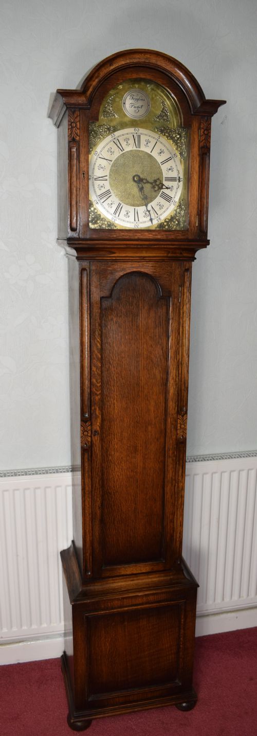 Attractive Twin Tune Musical Triple Weight Grandmother or Grandfather Oak Longcase Clock by Norland of England (Video of Chimes Available Upon Request)
