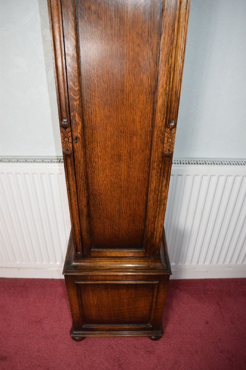 fig 1. Attractive Twin Tune Musical Triple Weight Grandmother or Grandfather Oak Longcase Clock by Norland of England (Video of Chimes Available upon Request)
