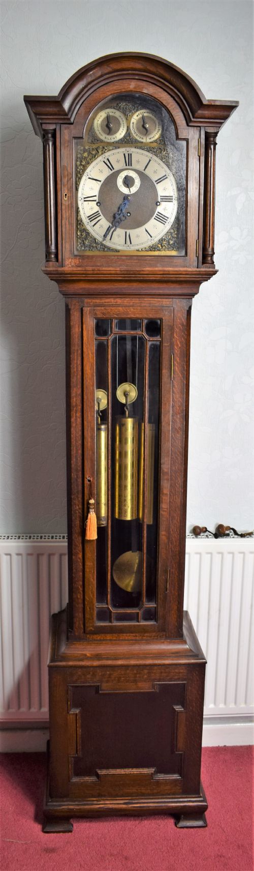 Regulator with Deadbeat Escapement & Maintaining Power Triple Chime Triple Weight Oak Grandmother or Grandfather Musical Longcase Clock with Astragal Glazed Door (Video of Chimes Upon Request)