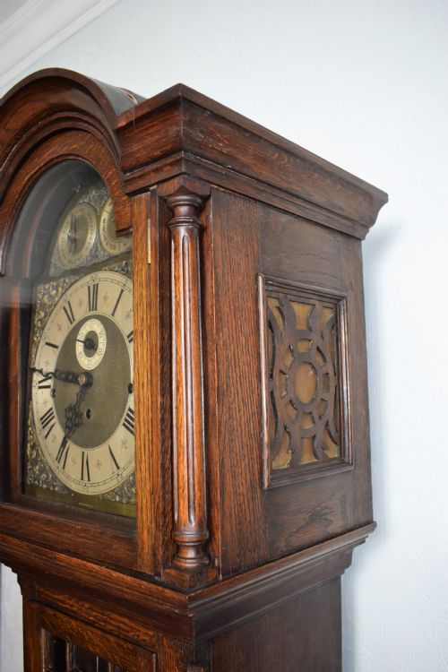 fig 1. Regulator with Deadbeat Escapement & Maintaining Power Triple Chime Triple Weight Oak Grandmother or Grandfather Musical Longcase Clock with Astragal Glazed Door (Video of Chimes upon Request)