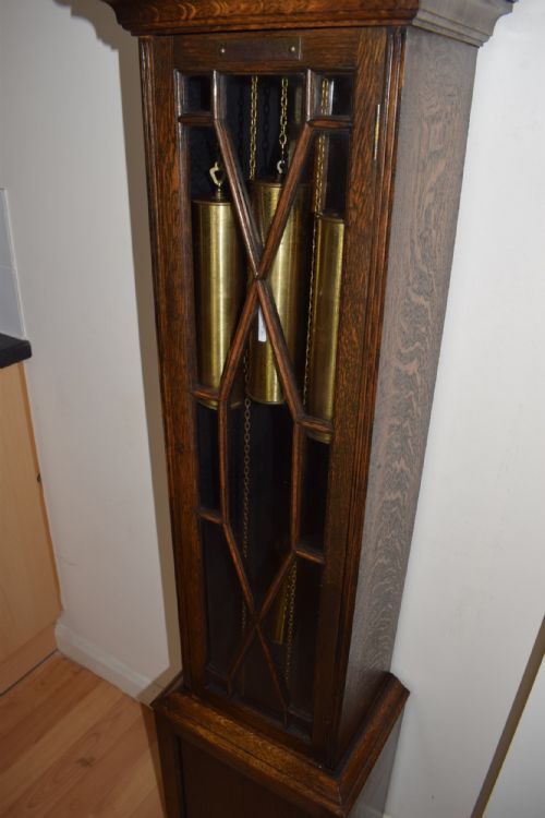 fig 2. Quarter Chiming Musical Grandmother or Grandfather Longcase Clock Late 19th/Early 20th Century H. Pidduck & Son Triple Weight Westminster Tune with Astragal Glazed Trunk Door