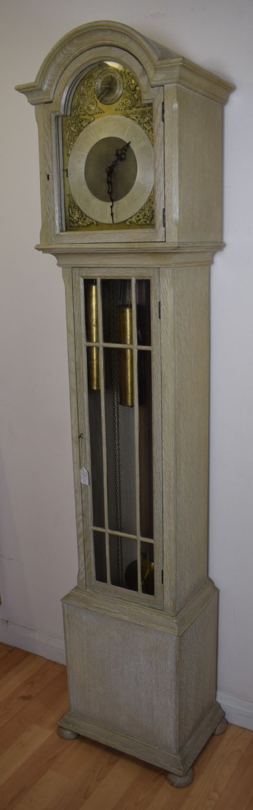 1920'S Quarter Chiming Triple Tune Weight Driven Musical Grandmother or Grandfather Limed Effect Oak Longcase Clock