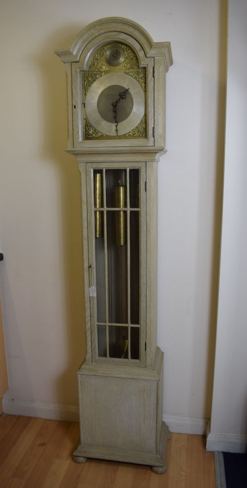 fig 1. 1920's Quarter Chiming Triple Tune Weight Driven Musical Grandmother or Grandfather Limed Effect Oak Longcase Clock