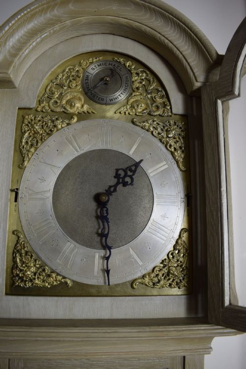 fig 2. 1920's Quarter Chiming Triple Tune Weight Driven Musical Grandmother or Grandfather Limed Effect Oak Longcase Clock