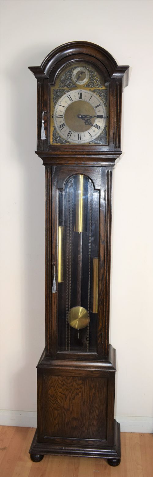 Good Quality Peerless/embee1920's Triple Weight Triple Tune Quarter Chiming Musical Grandmother or Grandfather Longcase Clock with Glazed Trunk Door