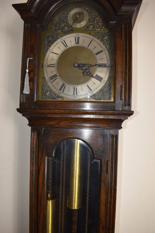 fig 1. Good Quality Peerless/Embee1920's Triple Weight Triple Tune Quarter Chiming Musical Grandmother or Grandfather Longcase Clock with Glazed Trunk Door