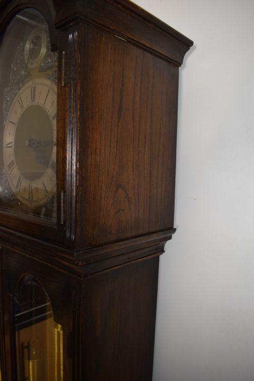 fig 2. Good Quality Peerless/Embee1920's Triple Weight Triple Tune Quarter Chiming Musical Grandmother or Grandfather Longcase Clock with Glazed Trunk Door