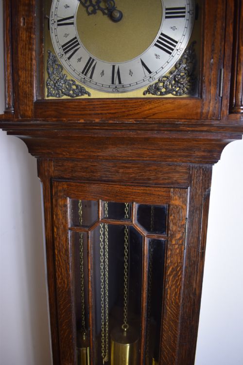 fig 1. Top Quality German Peerless/Embee Triple Musical Tune Triple Weight 8 Day Movement In English Astragal Glazed Grandmother or Grandfather Longcase Clock
