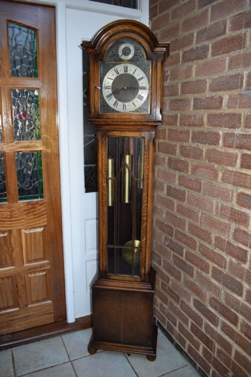 English Oak Grandmother or Small Grandfather Longcase with Peerless Triple Tune Triple Weight Musical Clock