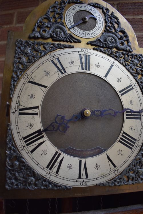 fig 1. English Oak Grandmother or Small Grandfather Longcase with Peerless Triple Tune Triple Weight Musical Clock 