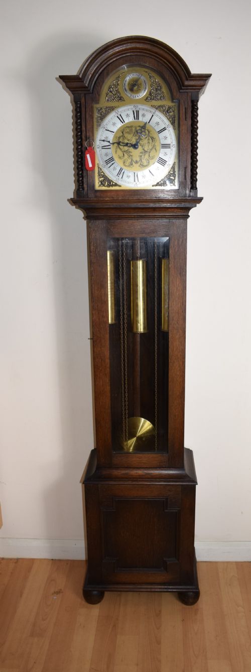 Westminster Chiming Musical Grandmother or Small Grandfather Oak Longcase Clock with Glazed Trunk Door, Barley Twist Columns and Strike/silent Dial