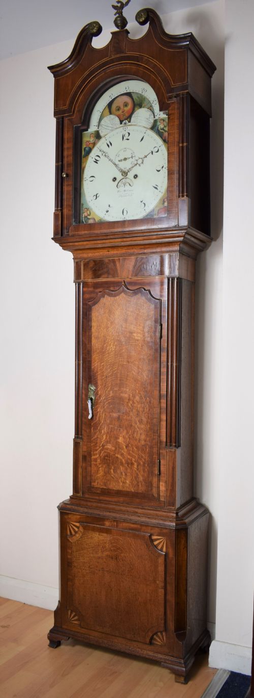 George III Fan Decoration Inlaid Oak and Mahogany Late 18th/early 19th C. Longcase Clock with Moon Phase Dial. 86.5in High
