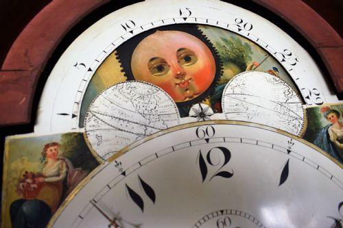 fig 1. George III Fan Decoration Inlaid Oak and Mahogany Late 18th/Early 19th C. Longcase Clock with Moon Phase Dial. 86.5in High