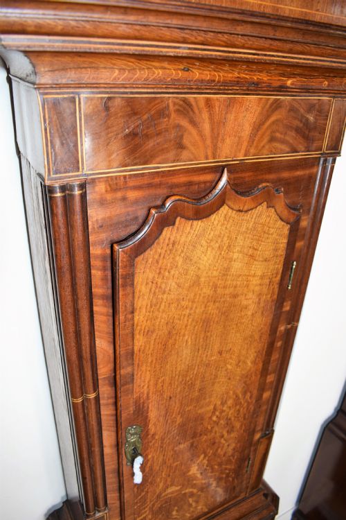 fig 2. George III Fan Decoration Inlaid Oak and Mahogany Late 18th/Early 19th C. Longcase Clock with Moon Phase Dial. 86.5in High