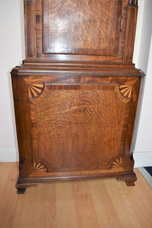 fig 3. George III Fan Decoration Inlaid Oak and Mahogany Late 18th/Early 19th C. Longcase Clock with Moon Phase Dial. 86.5in High