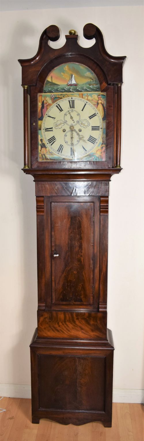 Beautiful Flame Mahogany Grandmother or Grandfather Longcase Clock with Automaton Rocking Ship by Hancock of Yeovil