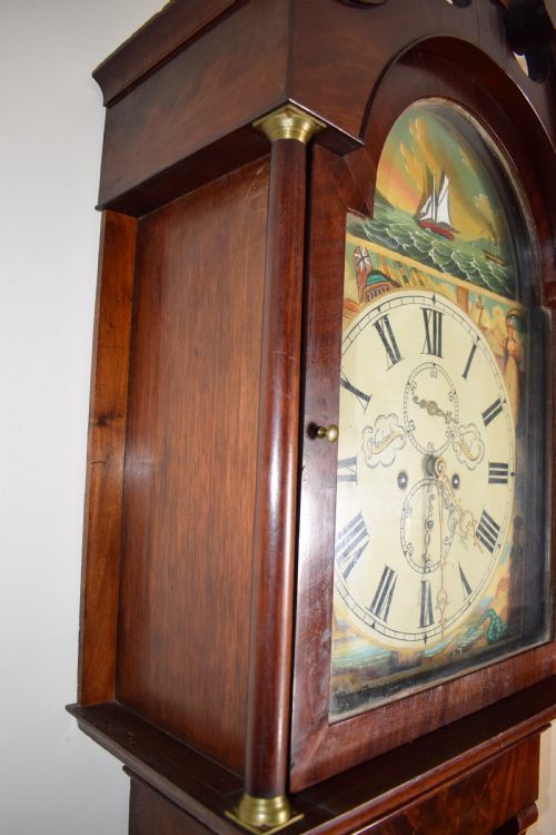 fig 2. Beautiful Flame Mahogany Grandmother or Grandfather Longcase Clock with Automaton Rocking Ship by Hancock of Yeovil