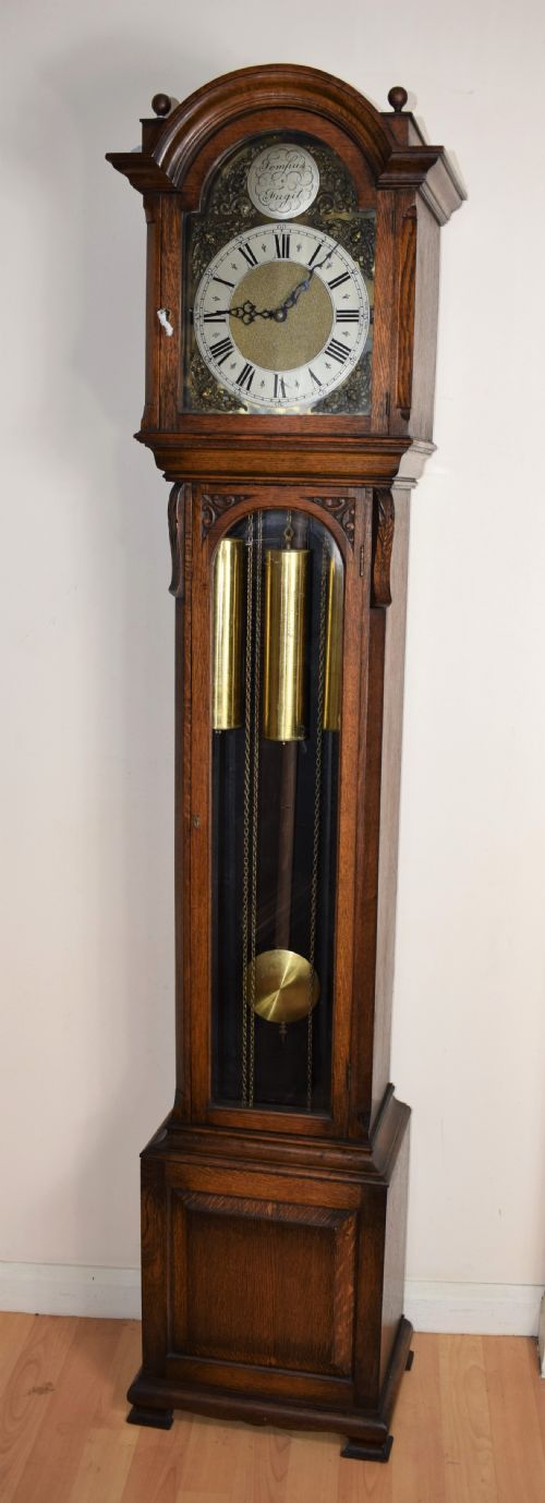 Triple Weight Westminster Chiming Musical Grandmother or Small Grandfather Oak Longcase Clock